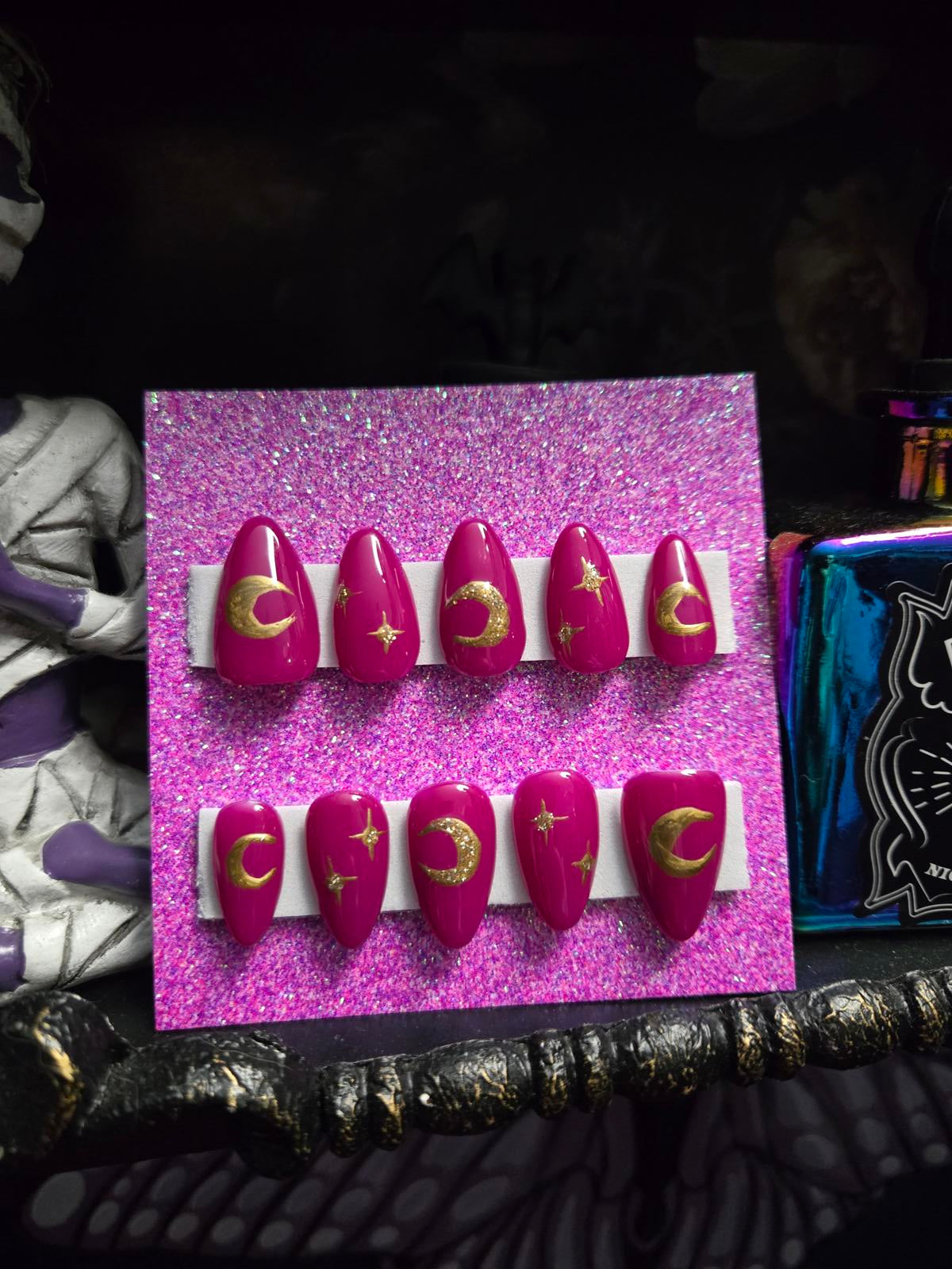 Magenta and gold moons and stars nails custom made