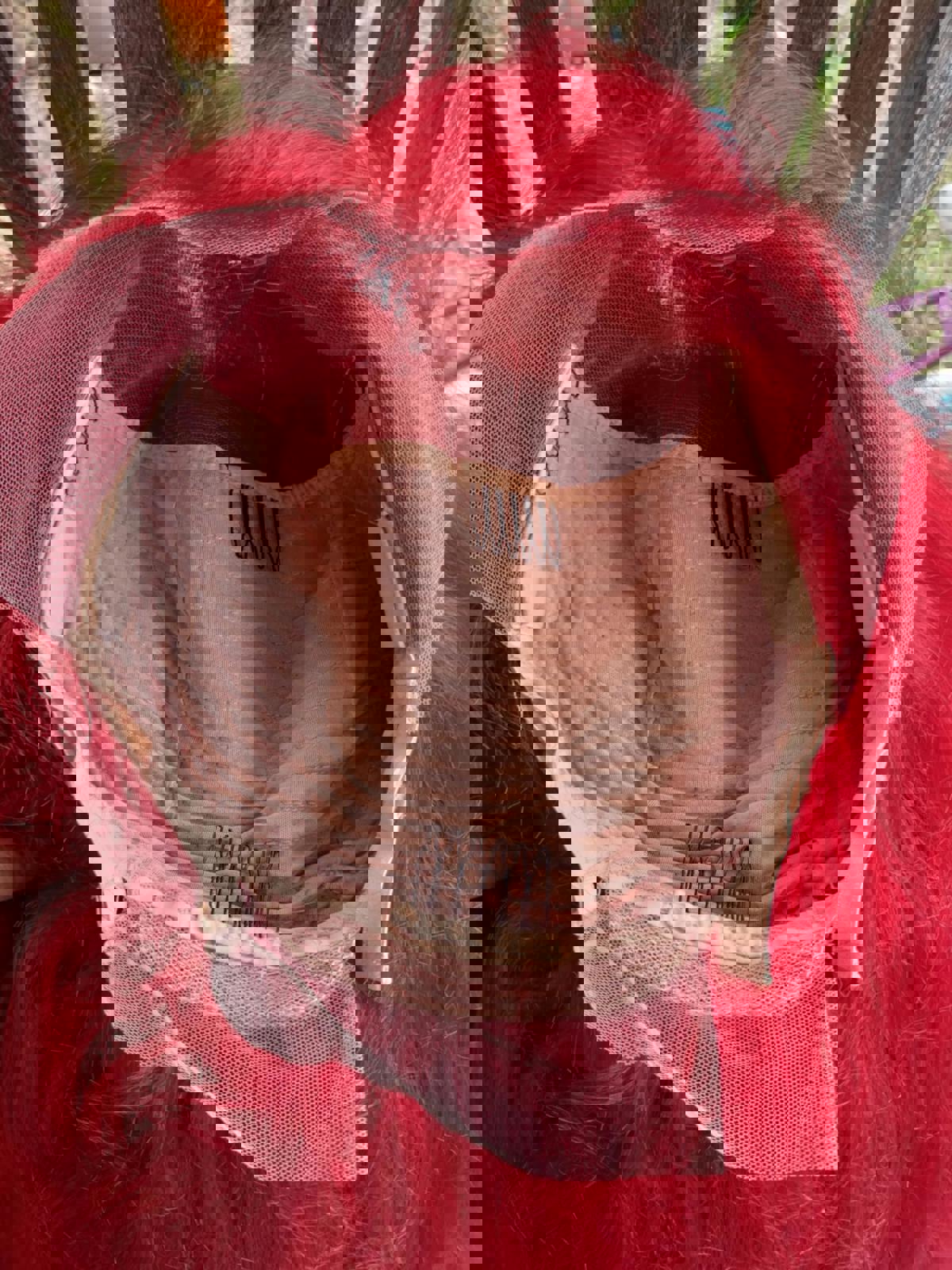 Very long bright red custom dyed human hair lace front wig