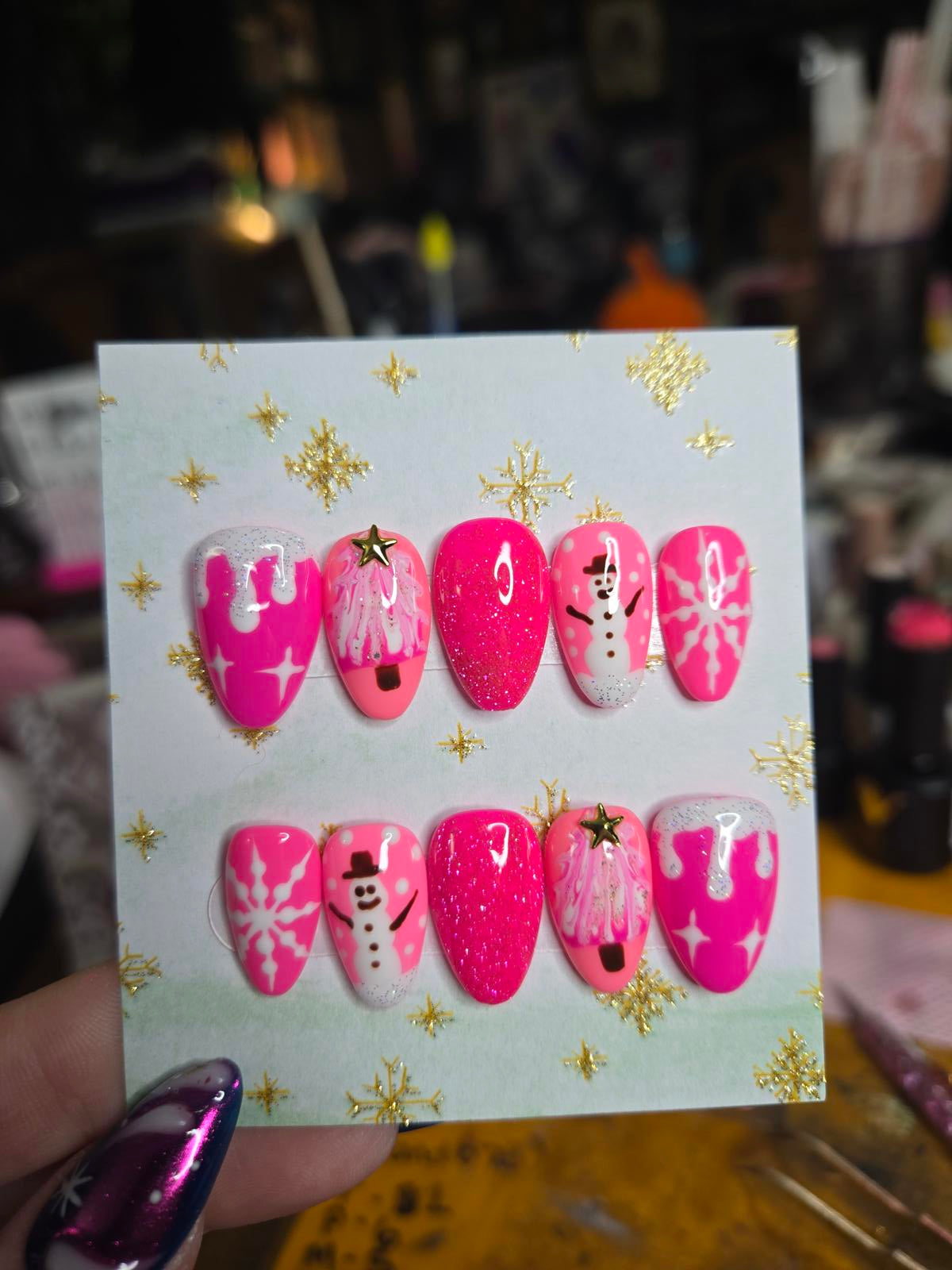 Almond pink Christmas press on nails custom made