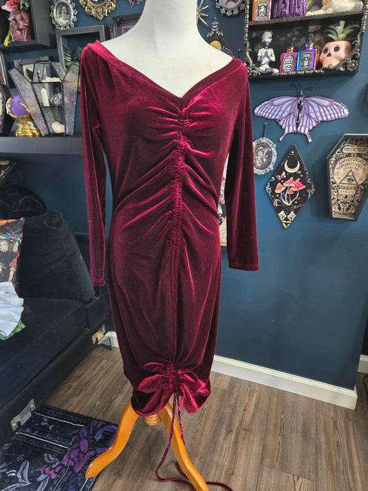 Rich wine red burgundy long sleeve velvet adjustable dress