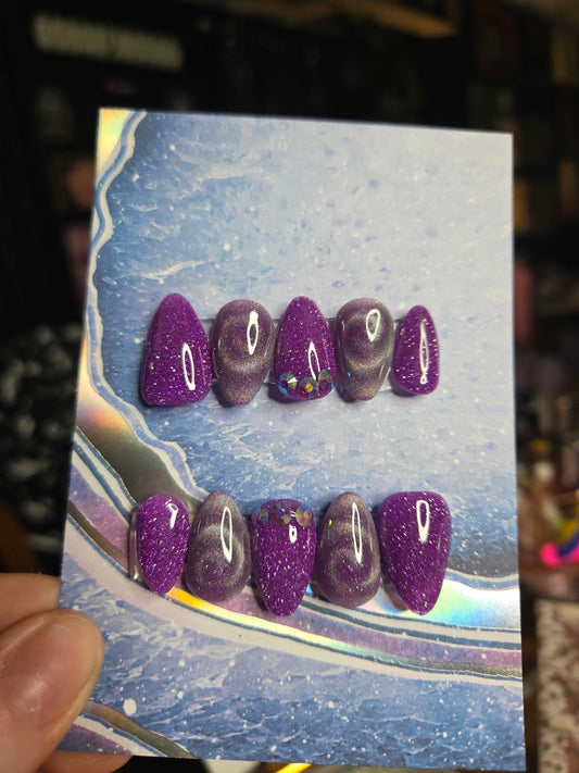 Purple glitter and swirl almond press on nails custom made
