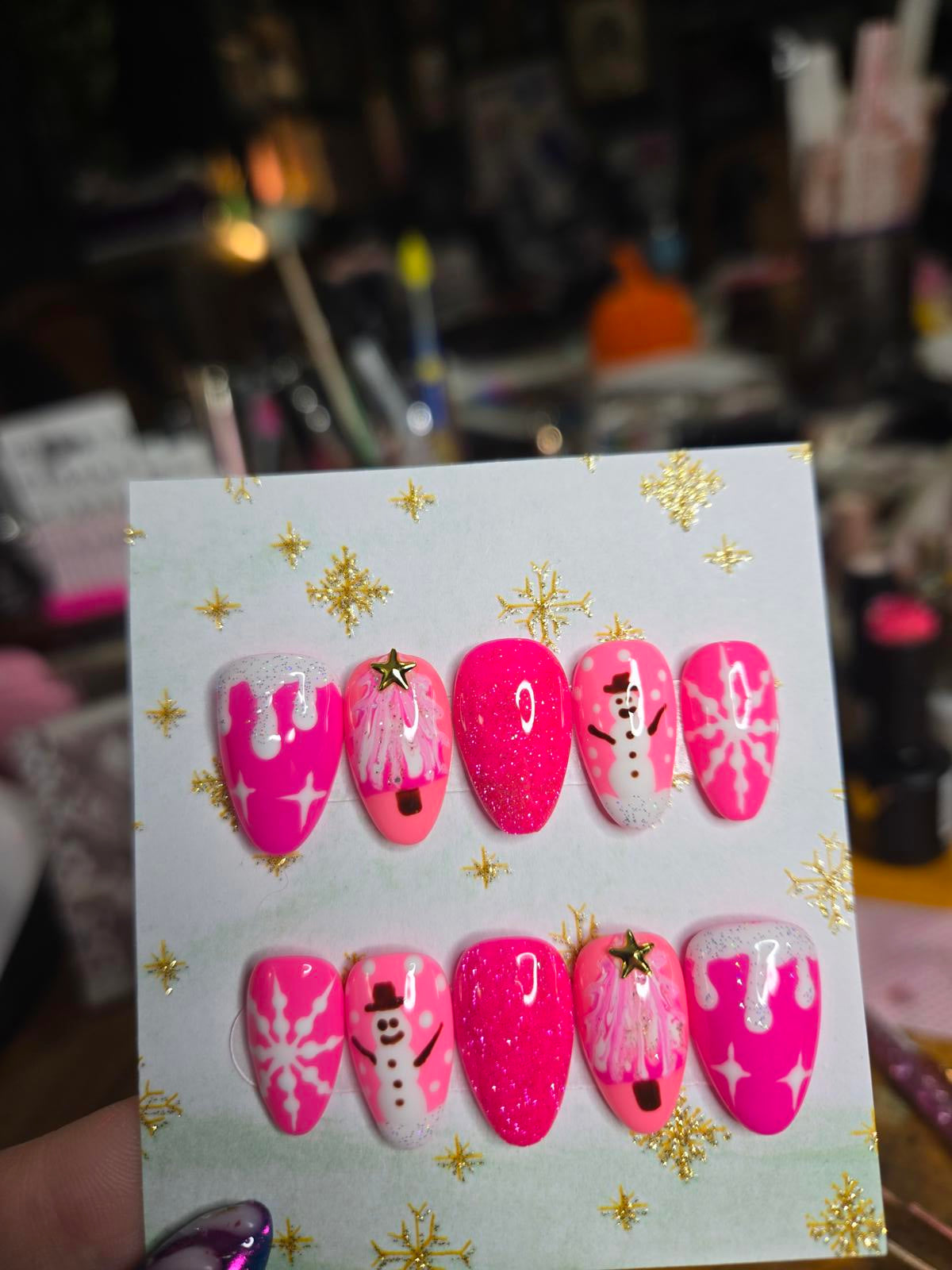 Almond pink Christmas press on nails custom made
