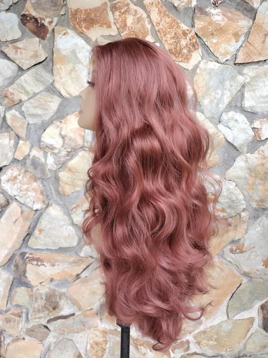 Long wavy auburn red lace front wig