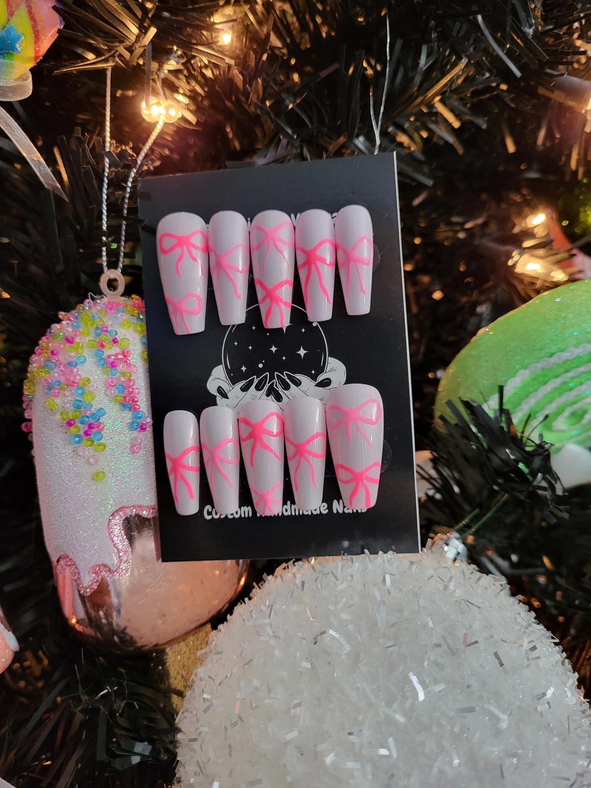 Cute white and pink bows press on nails custom made