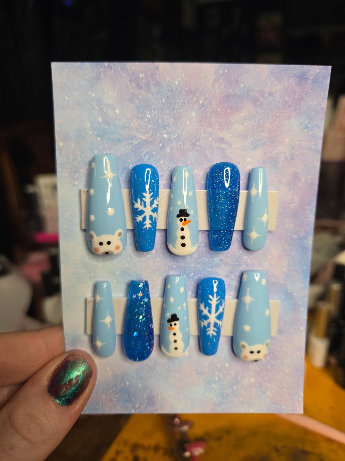 Christmas winter polar bear snow man handmade nails