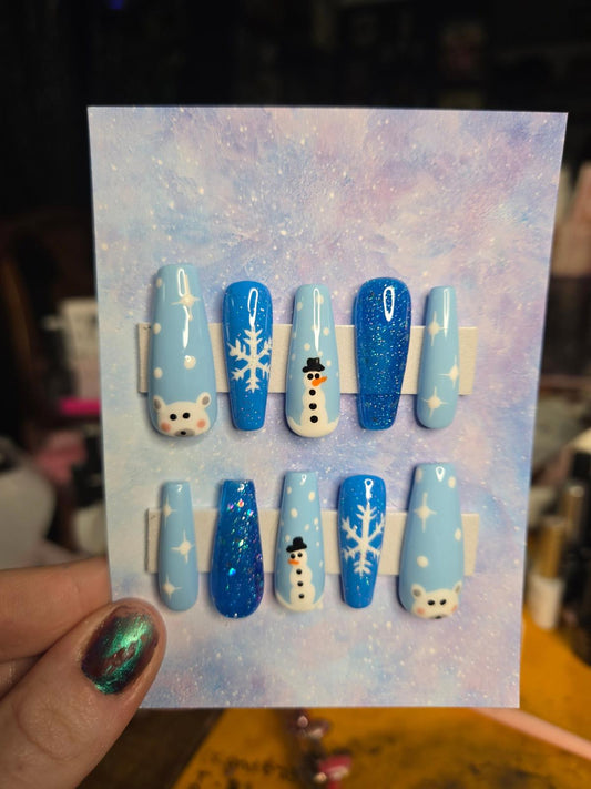 Christmas winter polar bear snow man handmade nails
