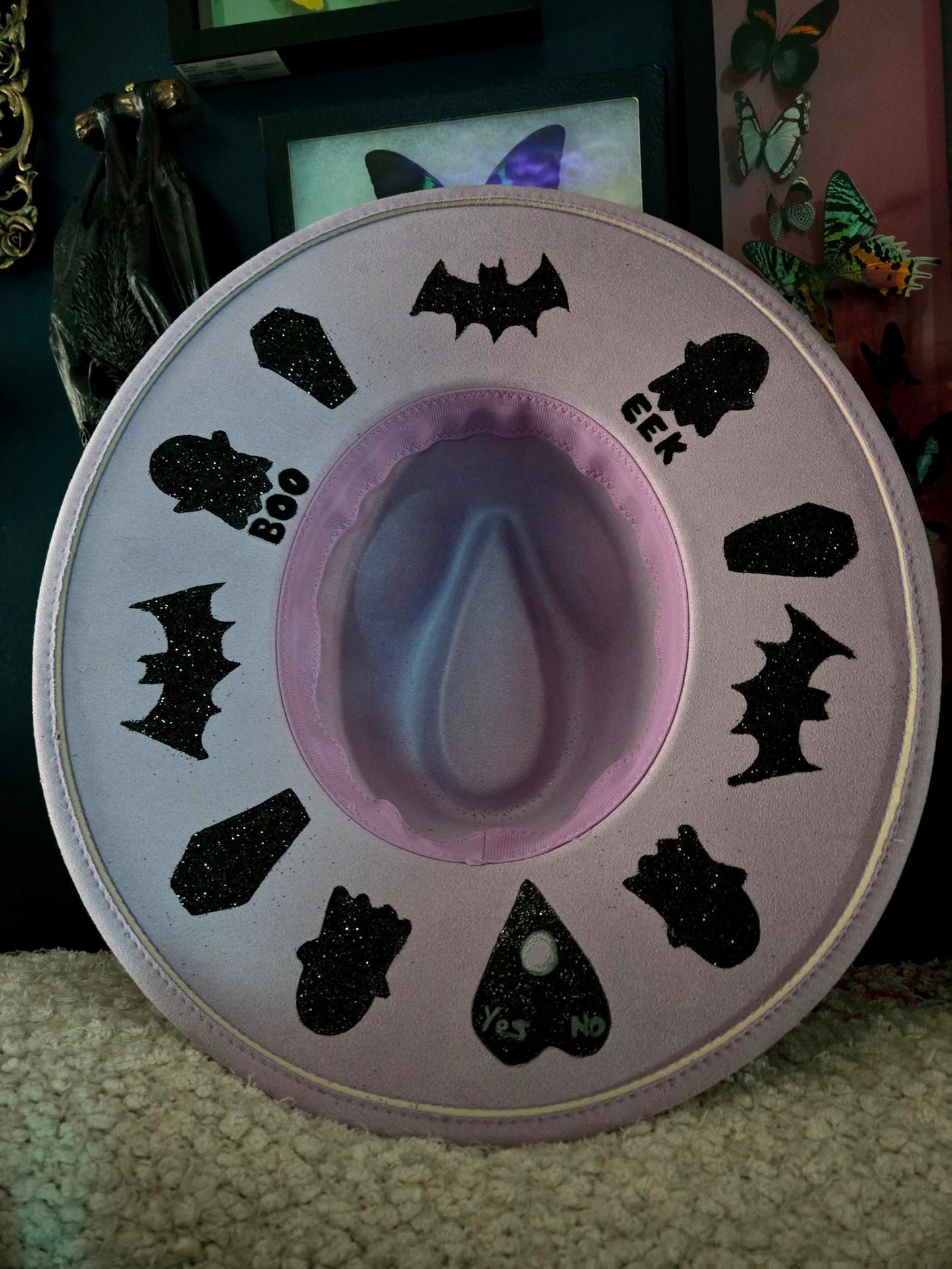 Lavender pastel goth hand painted witchy wide brim hat
