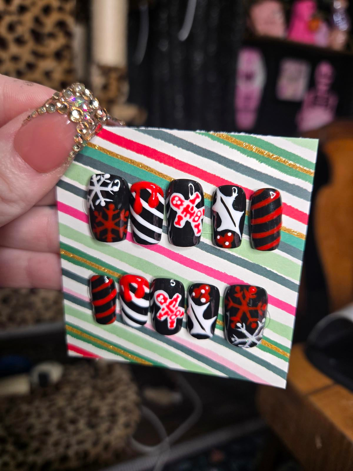 Spooky christmas black and red nails custom made