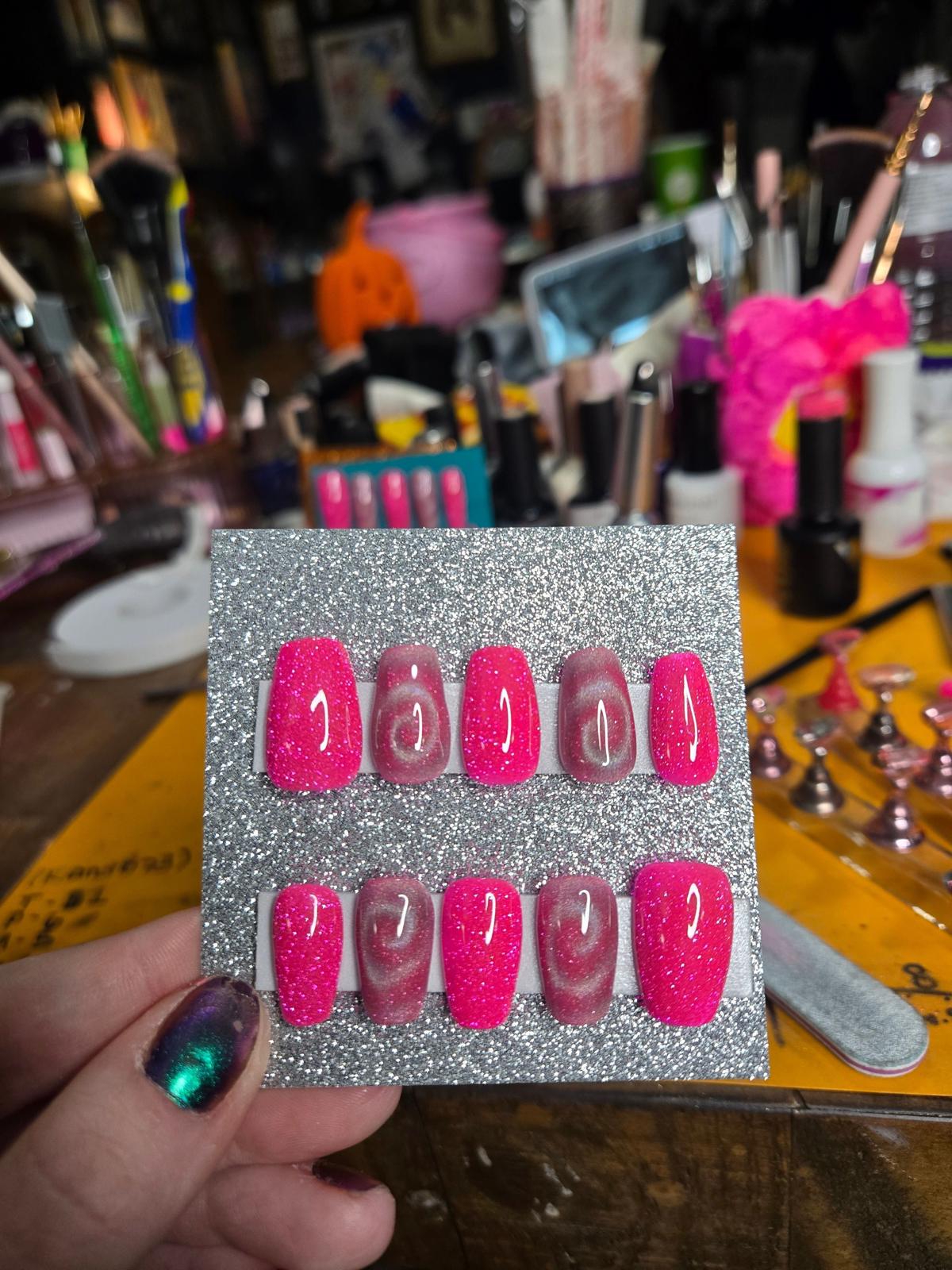 Pink super glittery swirly cat eye nails handmade press ons