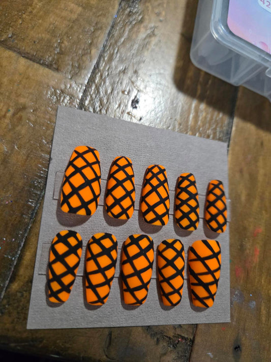 Halloween fishnet coffin press on nails custom made