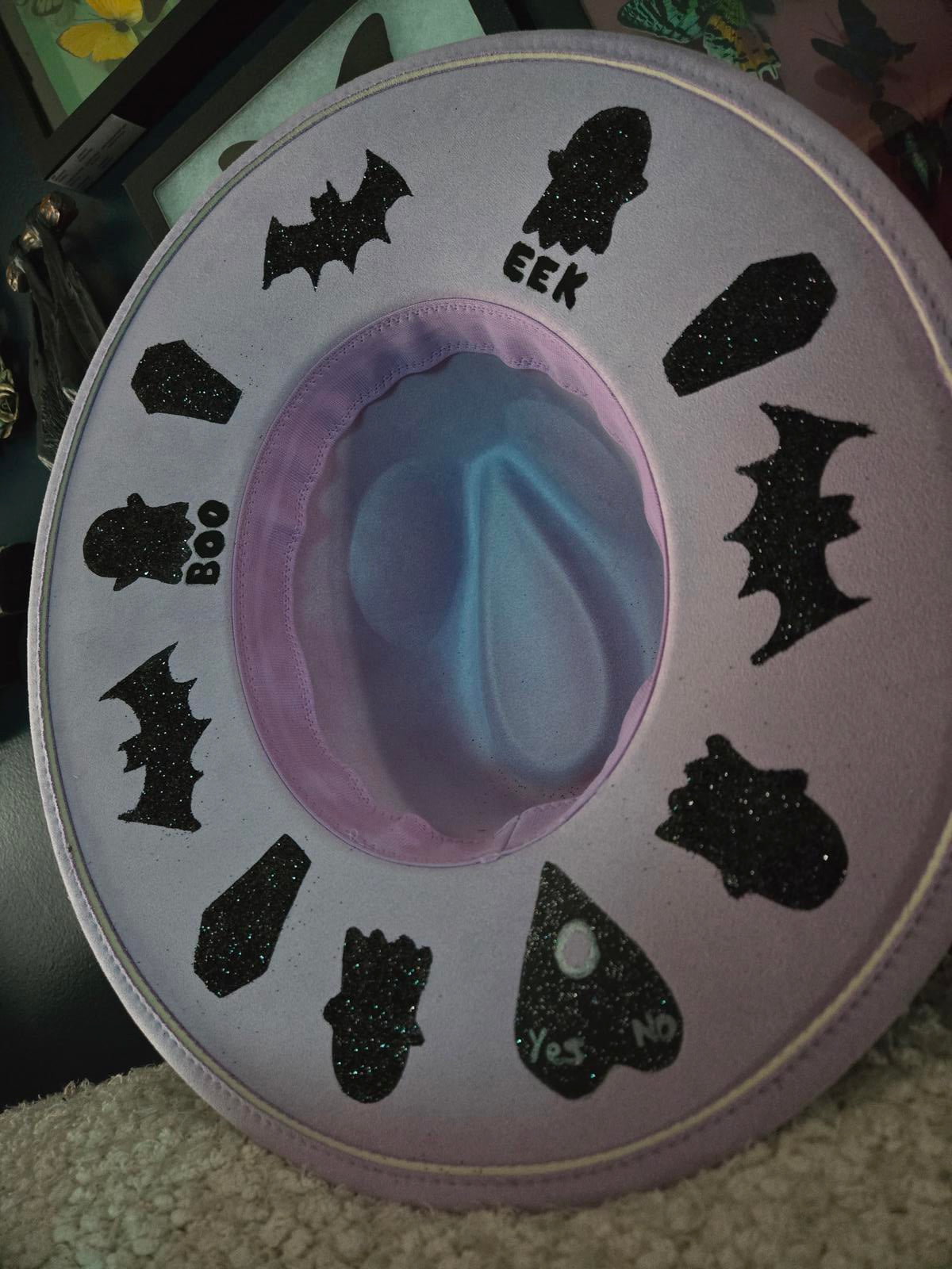 Lavender pastel goth hand painted witchy wide brim hat