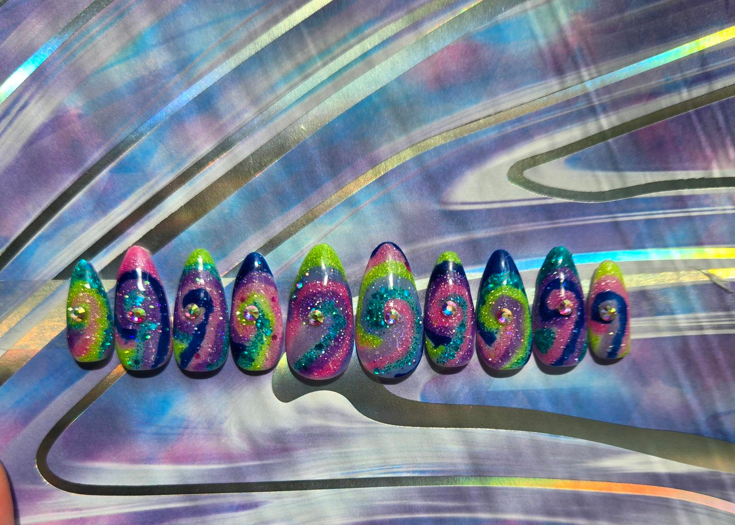 Glitter trippy galaxy nails custom made