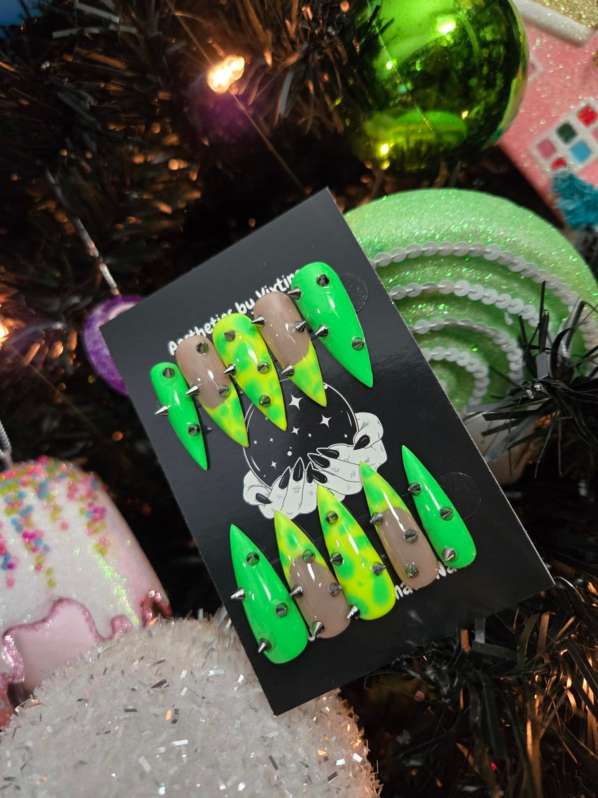 Electric green stiletto spike nails custom made