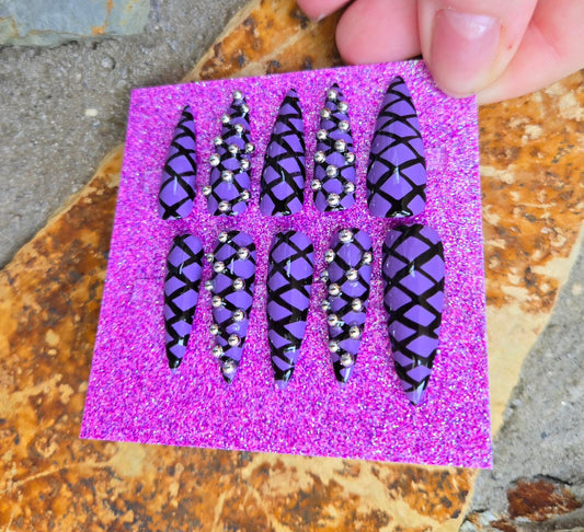 Purple and black lace up punk nails custom made