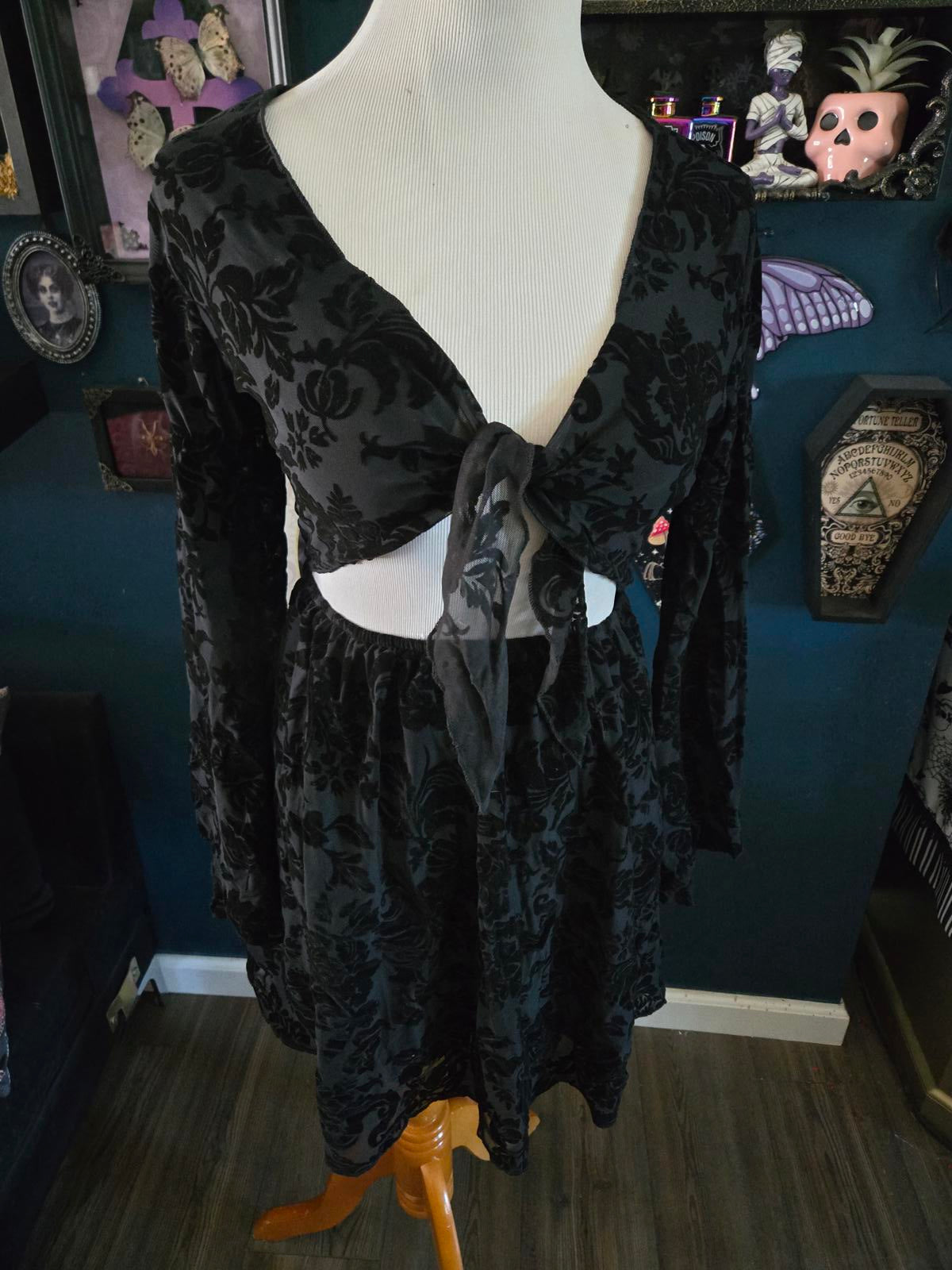 Black gothic whimsygoth tie front flocked dress