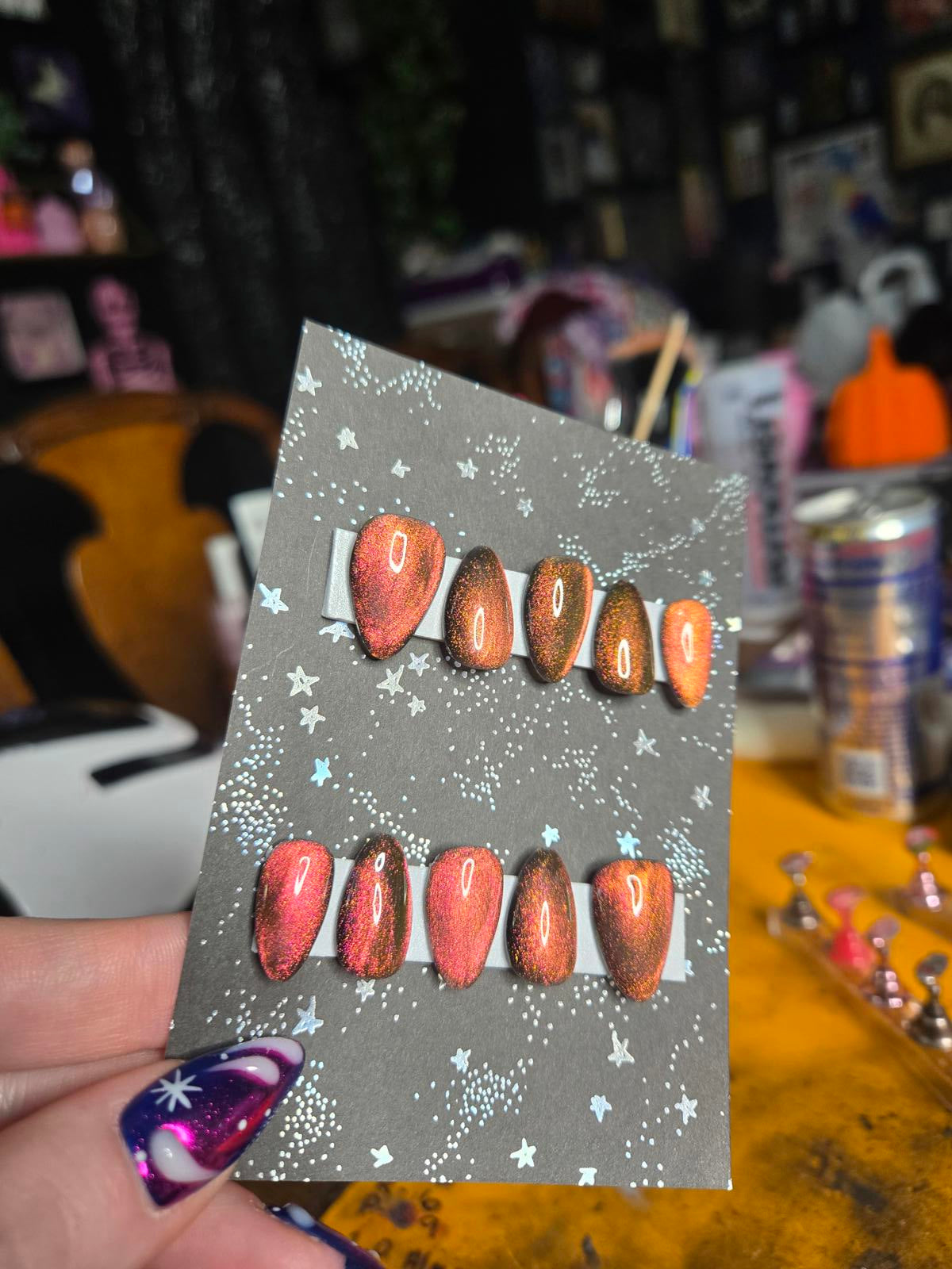 Red gold cat eye press on nails custom made