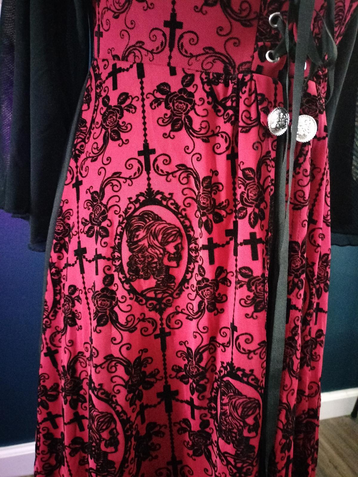 Gothic flocked black dress with red skeleton cameos