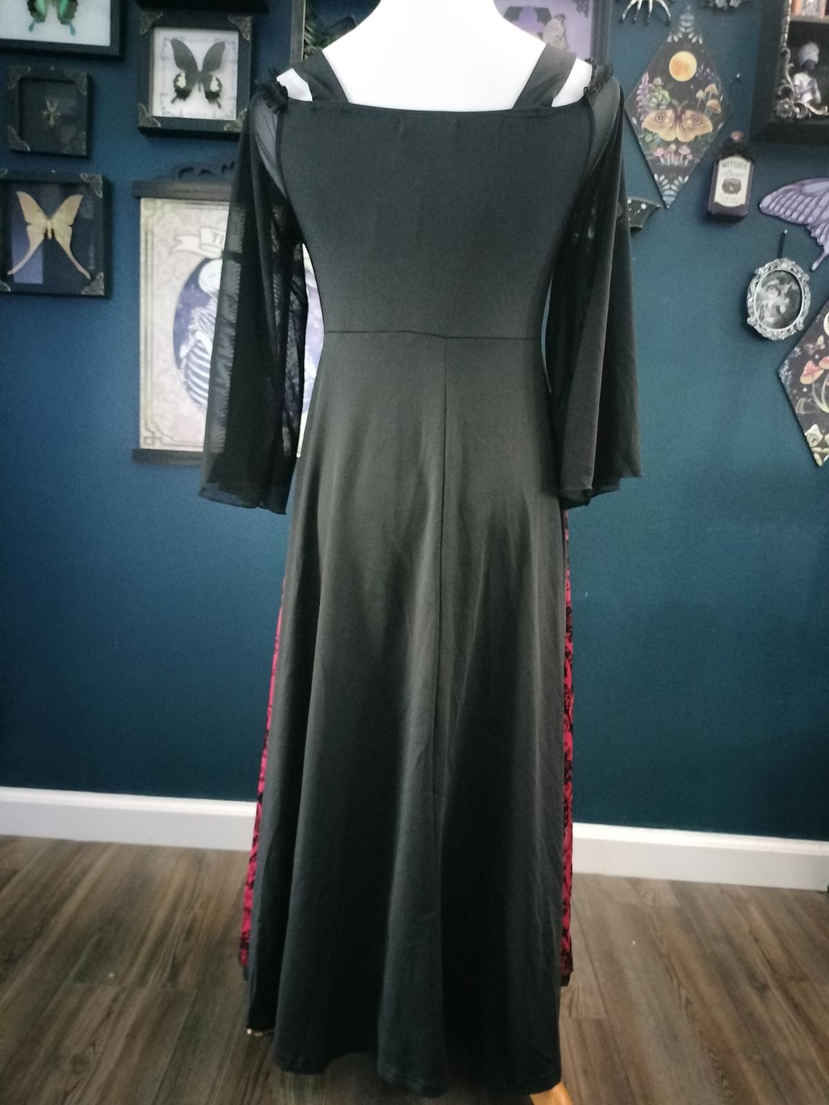Gothic flocked black dress with red skeleton cameos