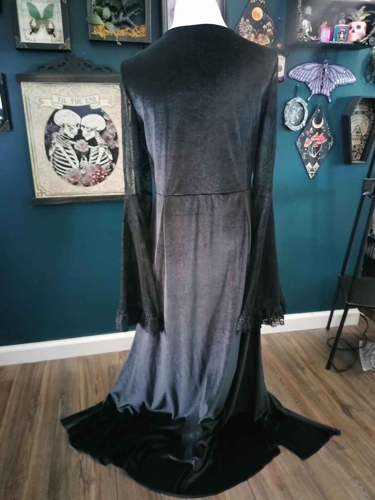 Gothic Black velvet dress with lace sleeves