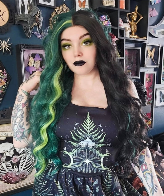 Split color green and black long wavy lace front wig
