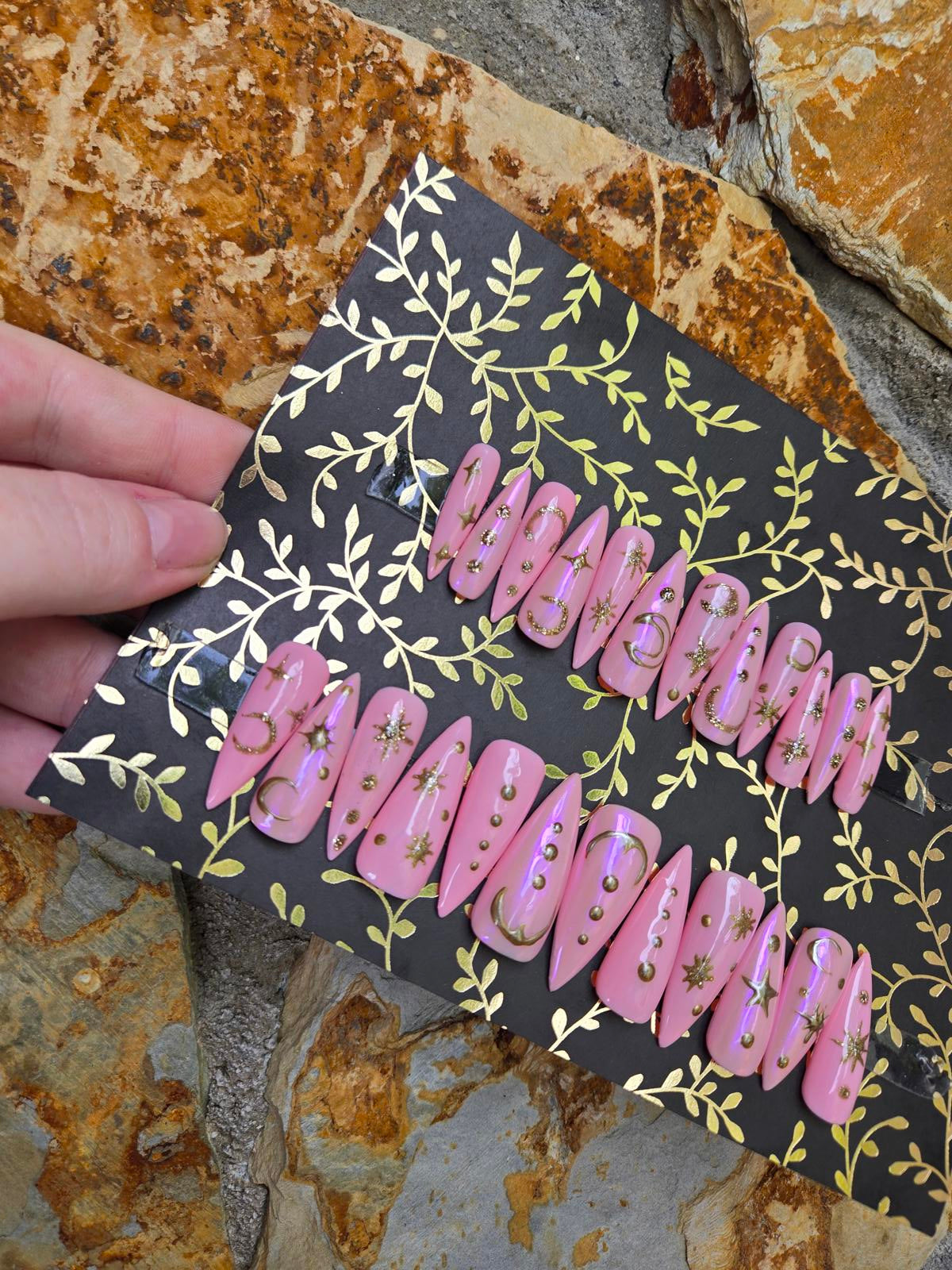 Light pink and gold celestial nails custom made