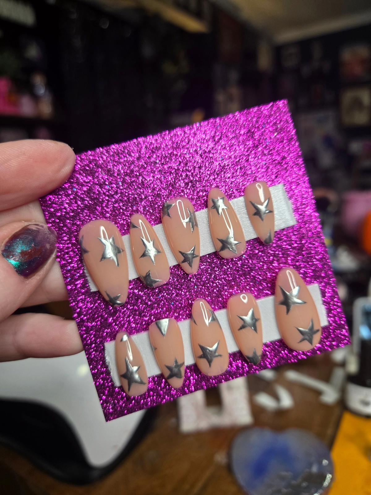 metallic starry handmade press on nails