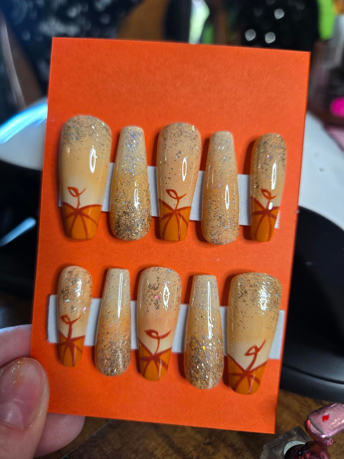 Glitter pumpkins fall press on nails custom made