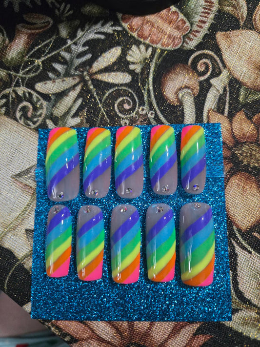 Rainbow striped square press on nails custom made