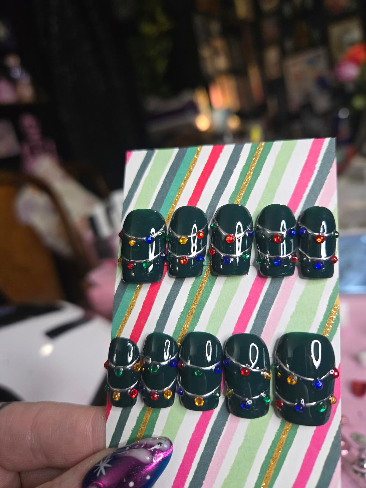 Dark green square christmas lights nails custom made