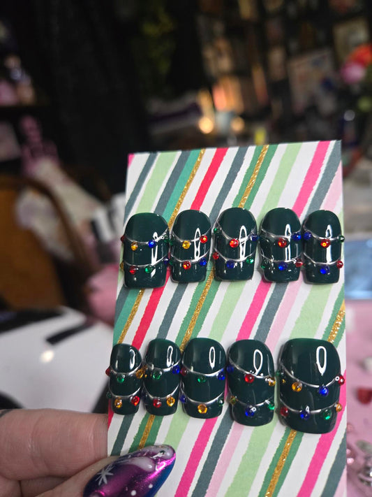 Dark green square christmas lights nails custom made