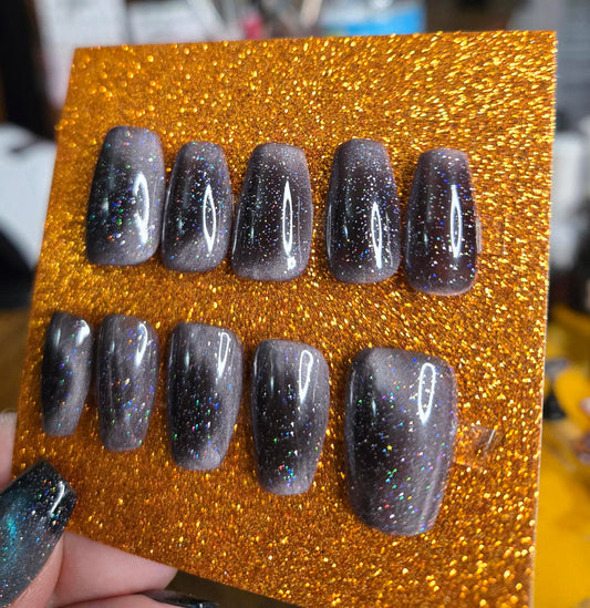 black and silver cat eye glitter press on nails custom made
