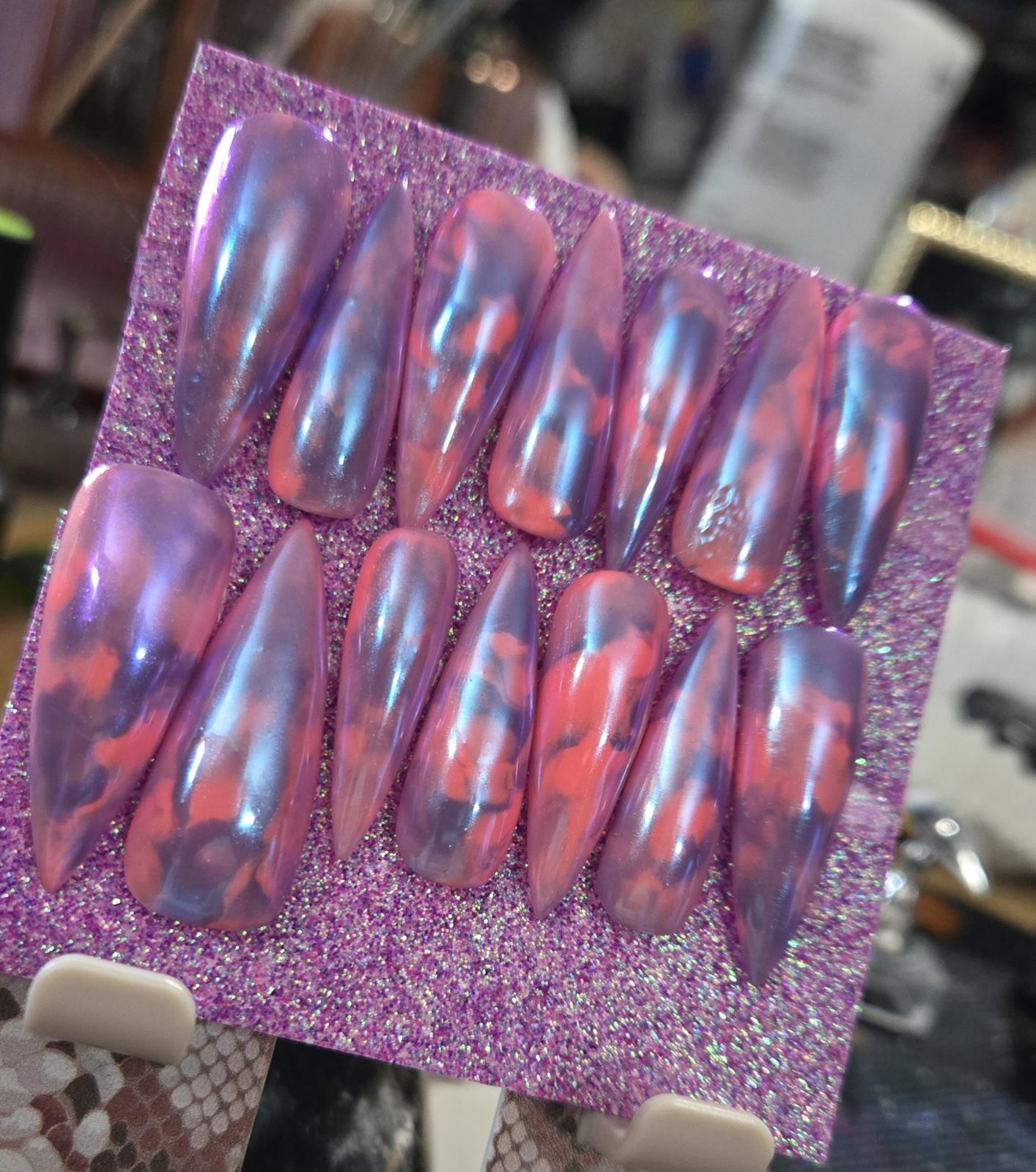 Marble pink and purple chrome nails custom made