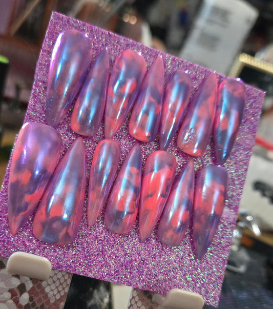 Marble pink and purple chrome nails custom made