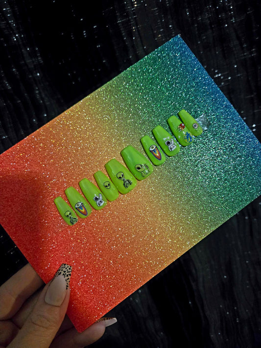 Colorful Alien Press-On Nails handmade made to order