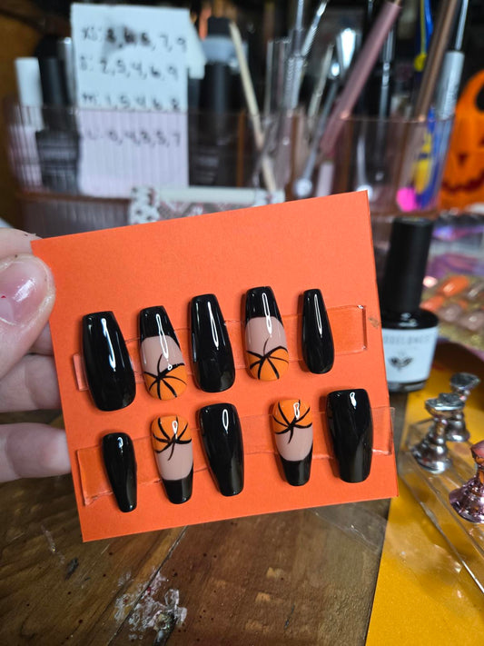 Halloween black and french pumpkin press on nails custom made