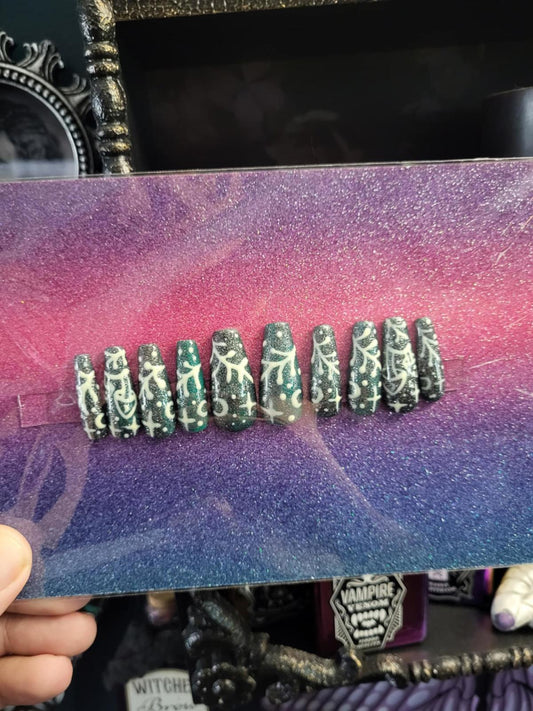 Emerald glitter cottagecore press on nails custom made