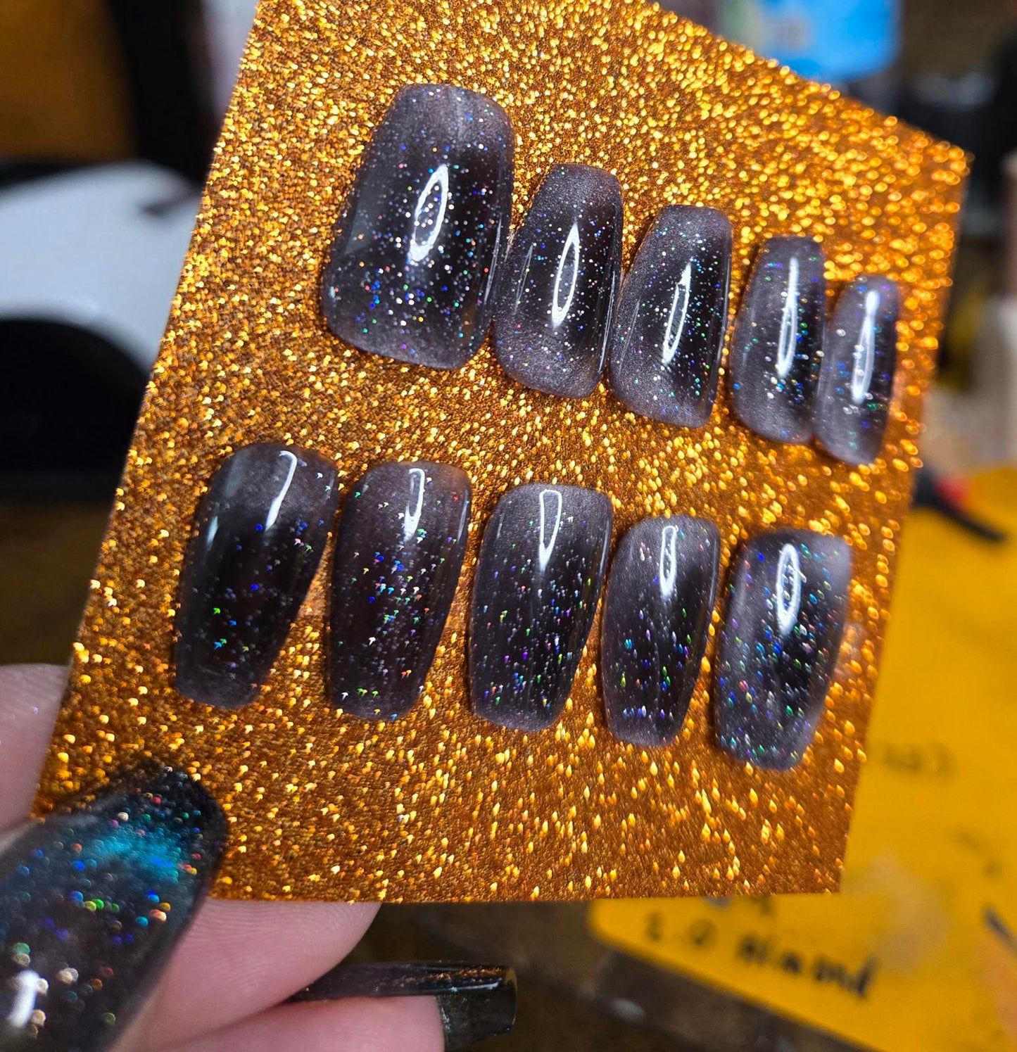 black and silver cat eye glitter press on nails custom made
