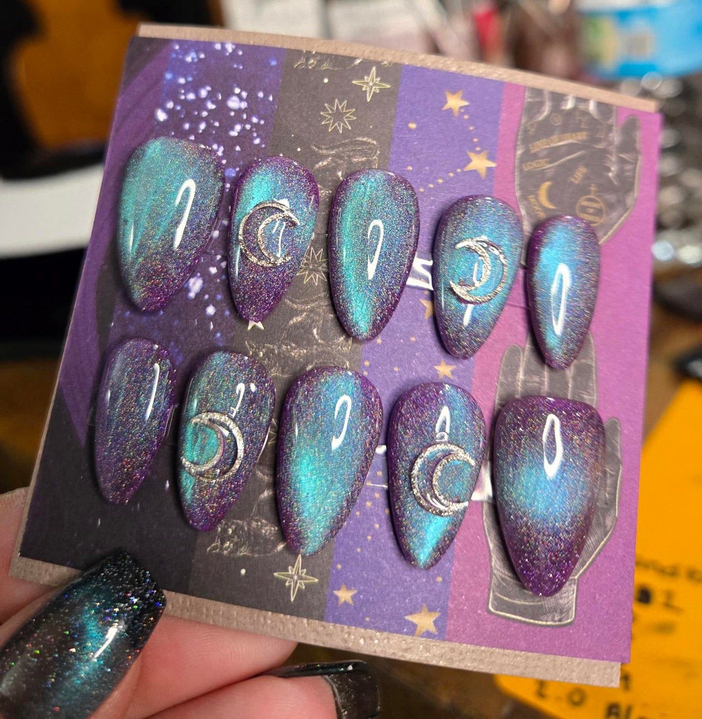 Witchy blue purple cat eye almond nails custom made