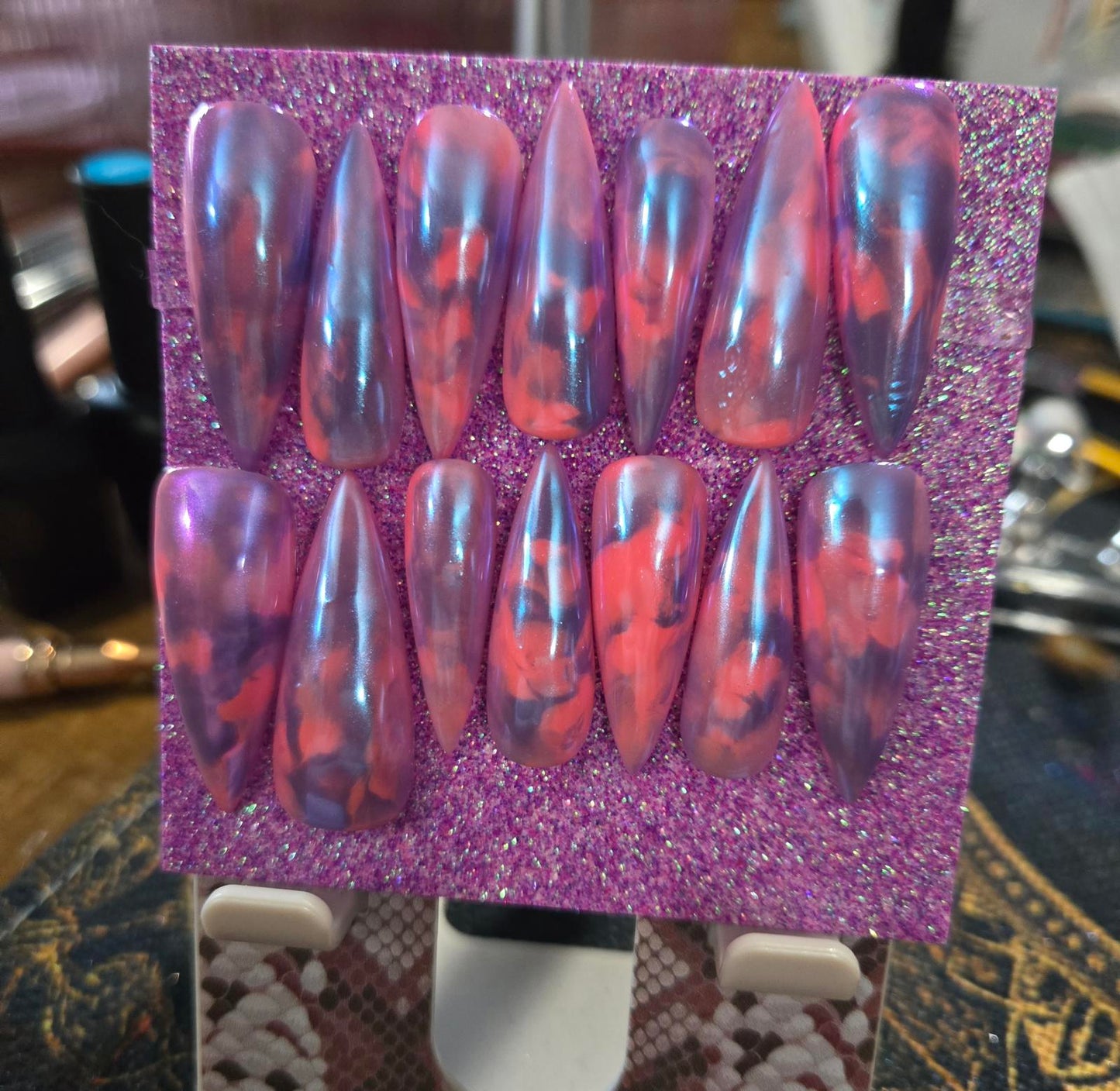 Marble pink and purple chrome nails custom made
