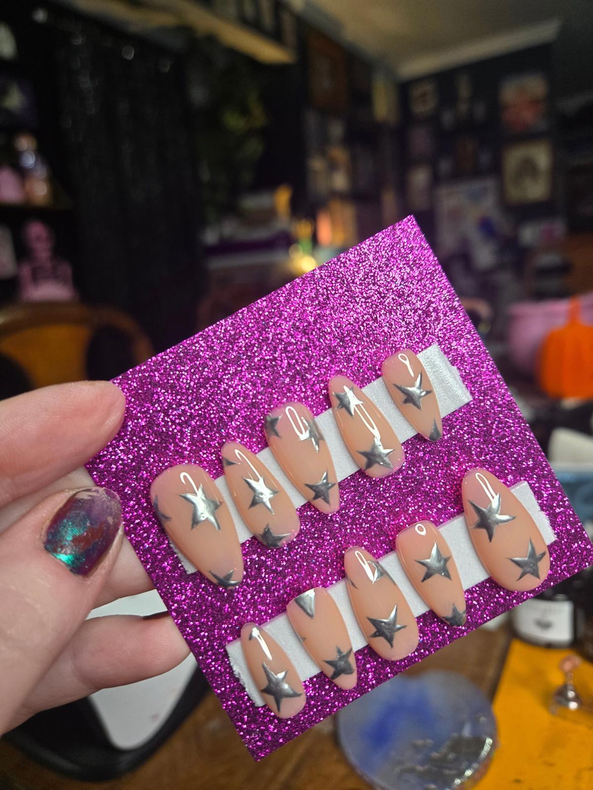 metallic starry handmade press on nails