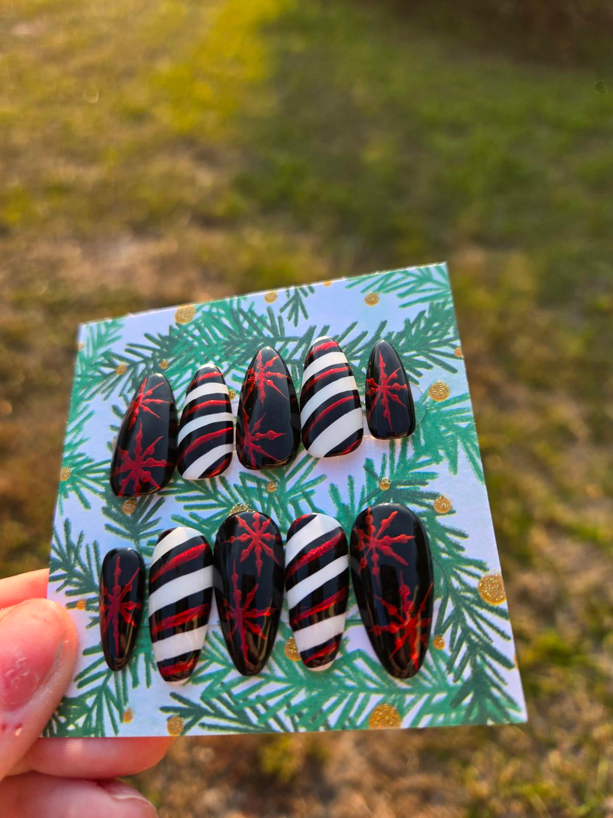 Black white and red Christmas chrome snowflake nails custom made