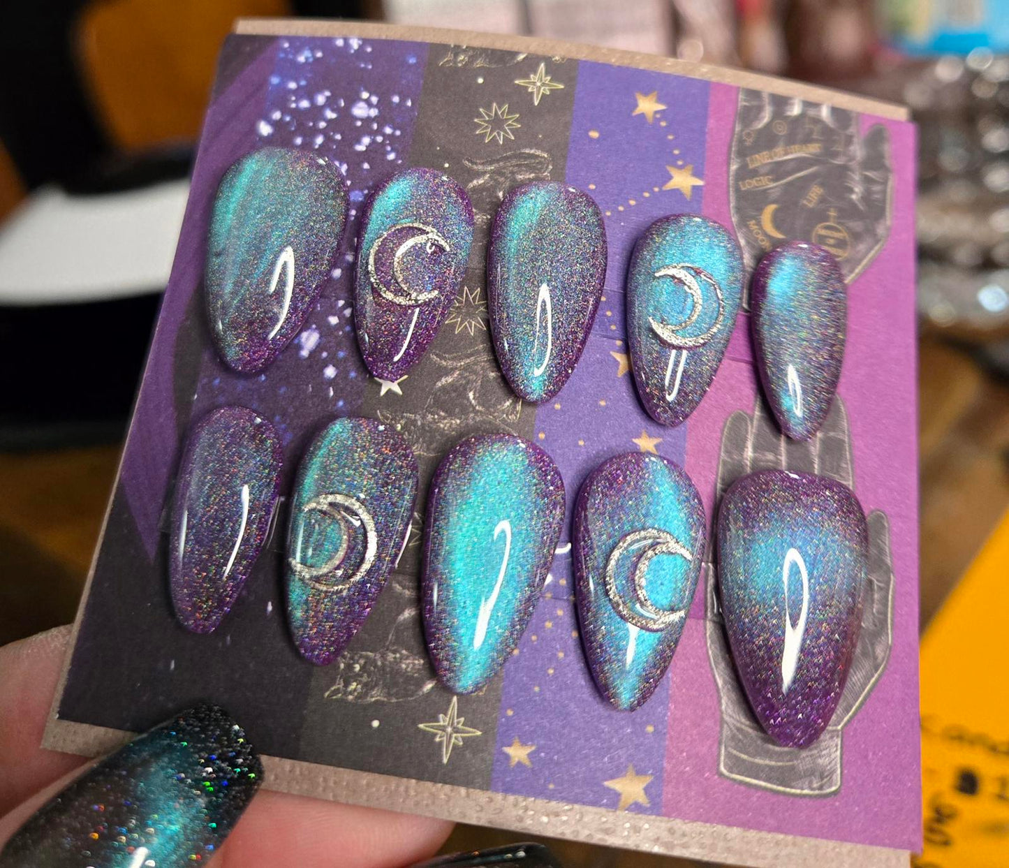 Witchy blue purple cat eye almond nails custom made