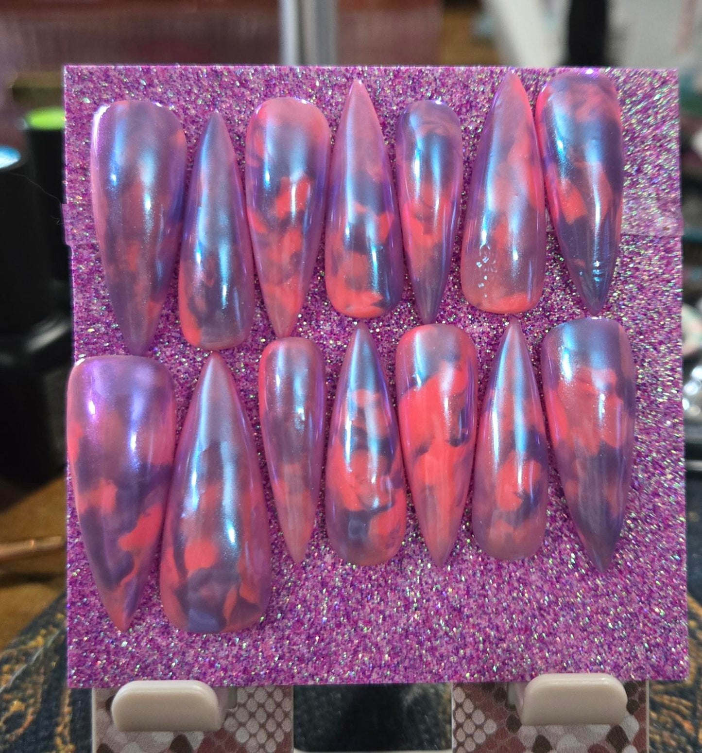 Marble pink and purple chrome nails custom made