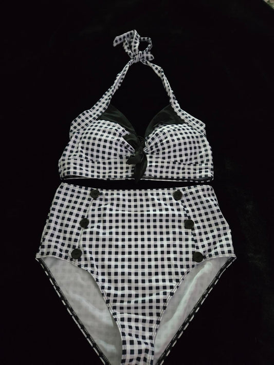 retro inspired plaid bikini high waisted swimsuit