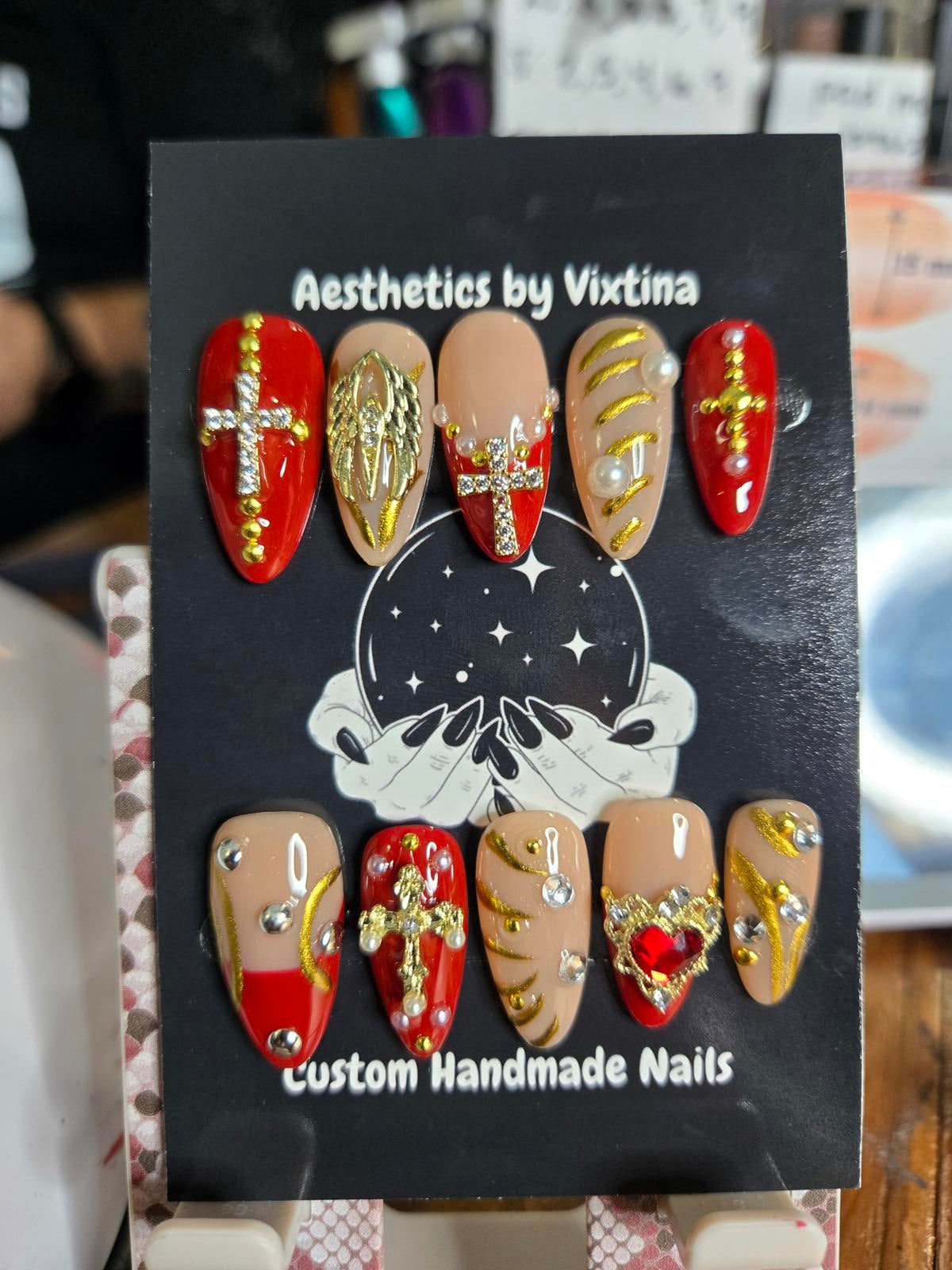 Red and gold renaissance cross nails custom made