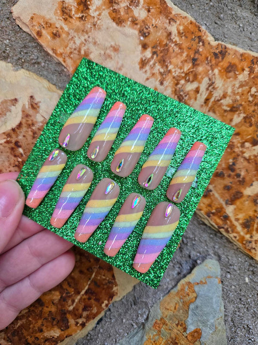 Nude and pastel rainbow striped nails custom made