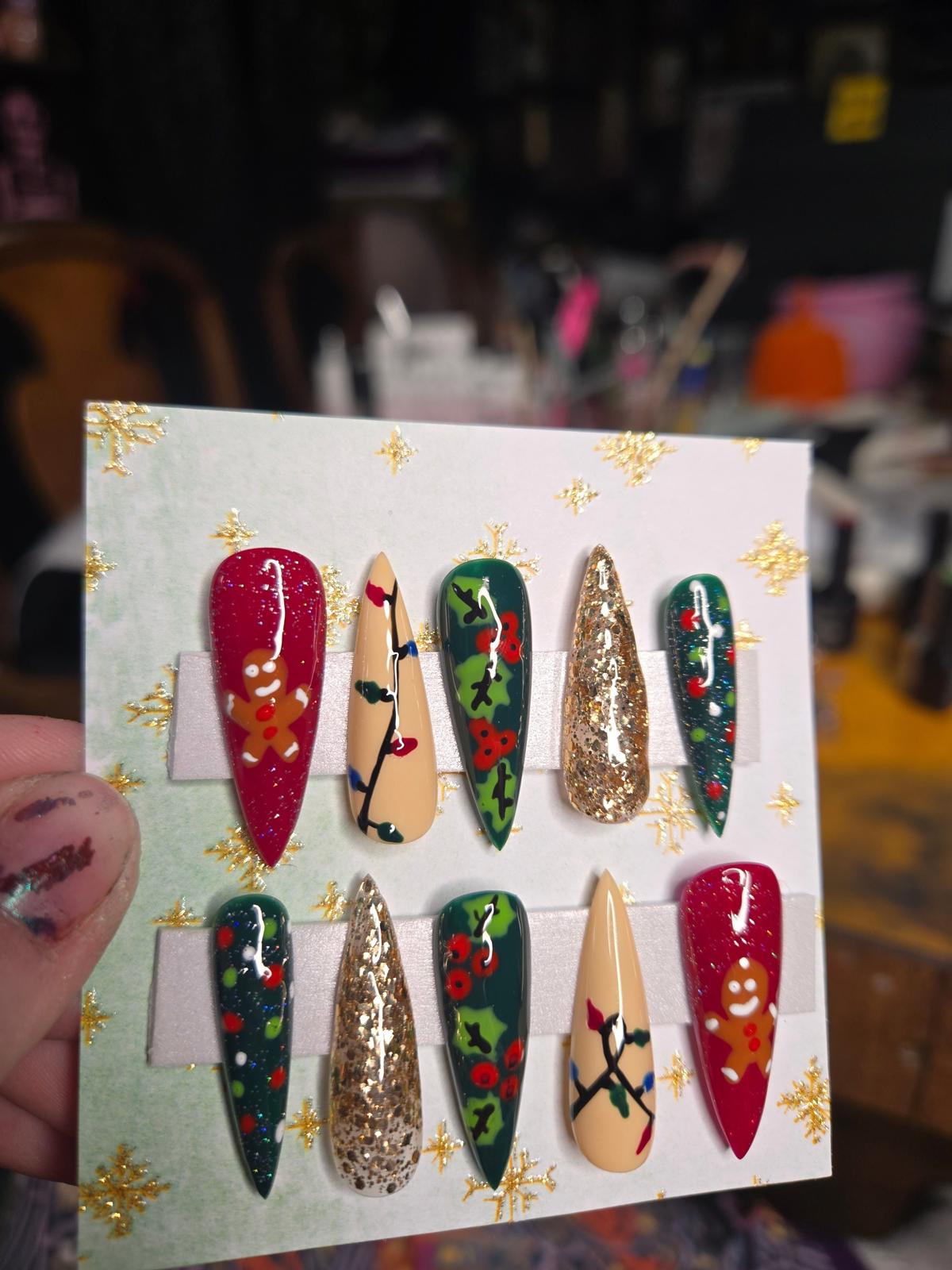 gingerbread lights Christmas handmade press on nails