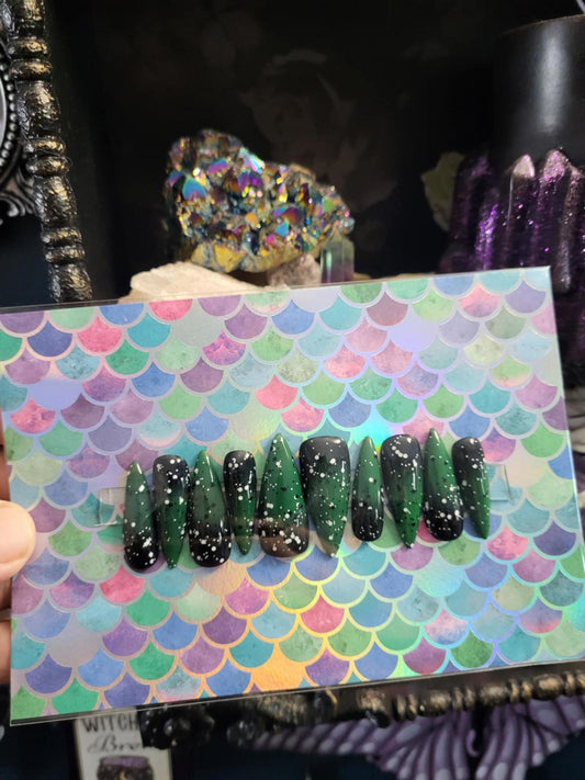 Ombre green and black speckled press on nails custom made