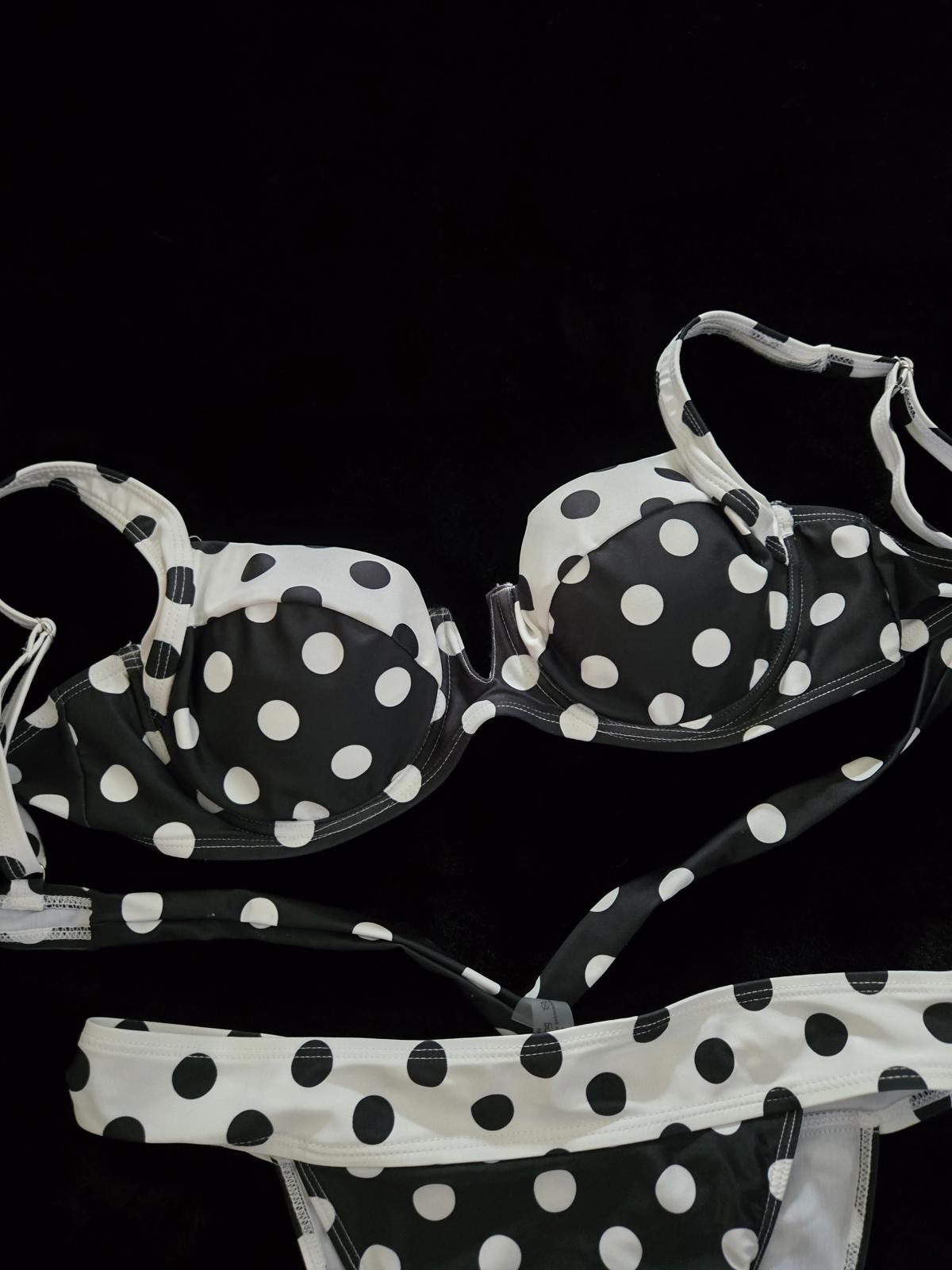 3 piece polka dot bikini and cover up skirt swimsuit set