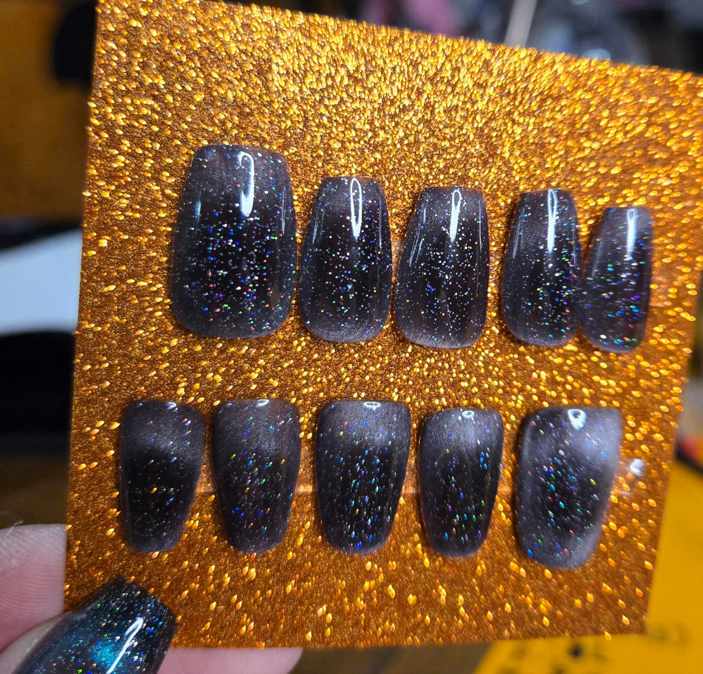 black and silver cat eye glitter press on nails custom made